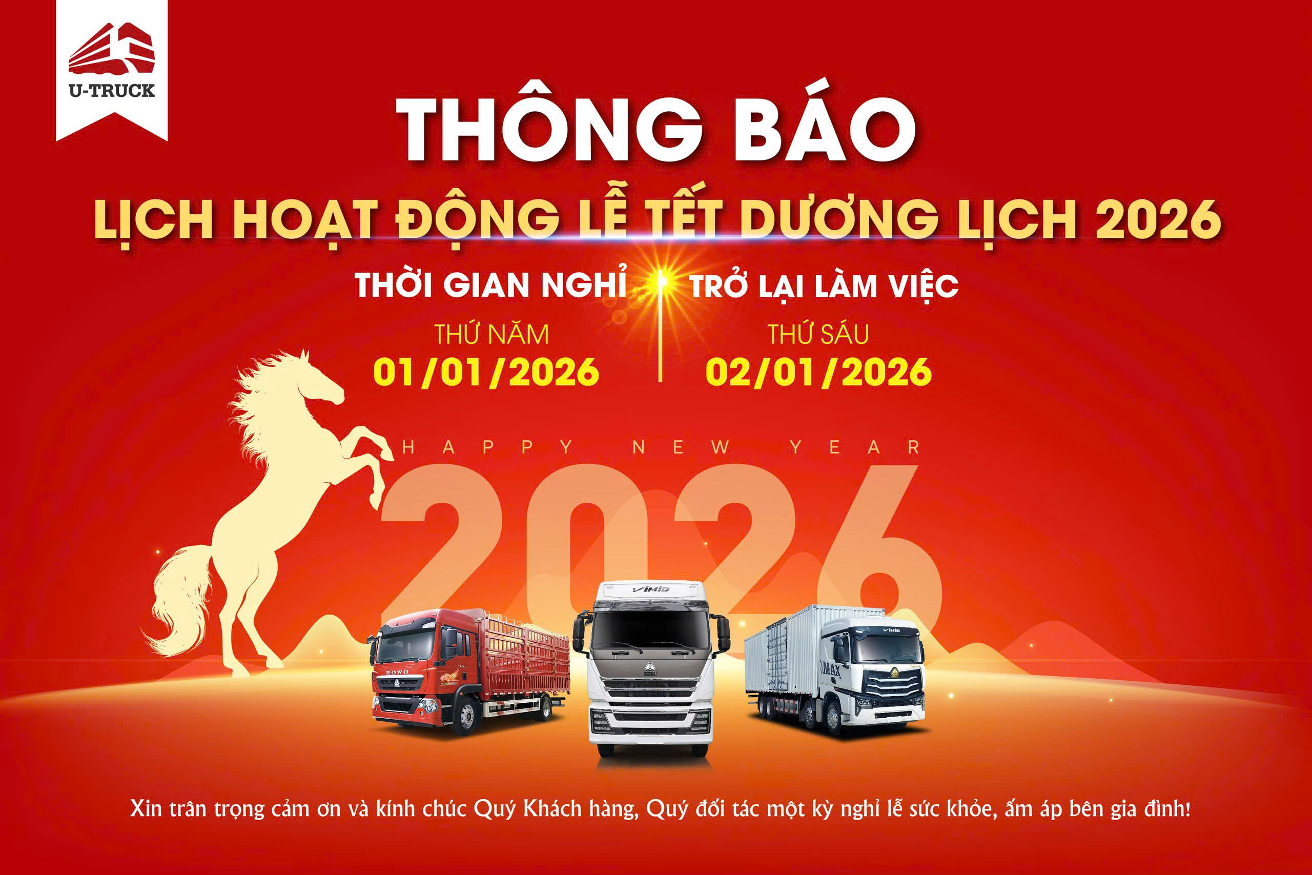 U-TRUCK THÔNG BÁO LỊCH LÀM VIỆC DỊP TẾT DƯƠNG DỊCH 2026