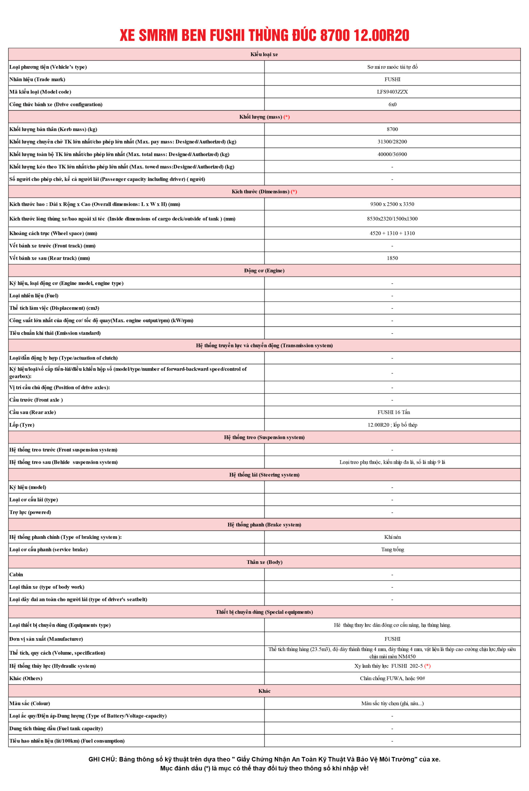 sơ mi rơ mooc fushi thùng đúc 8700