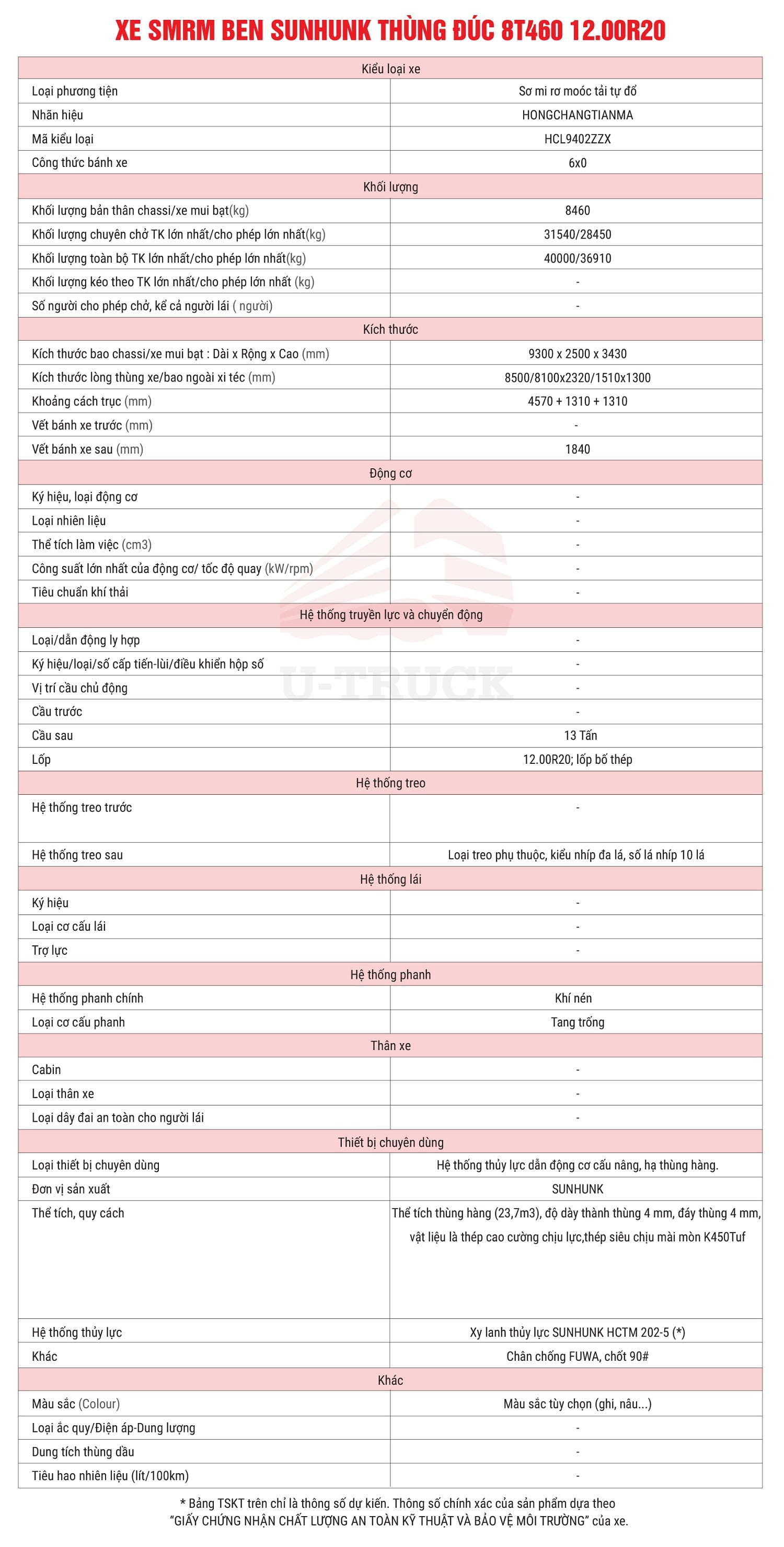 TSKT SMRM Ben SUNHUNK Thùng đúc 8460KG 202-5 12.00R20
