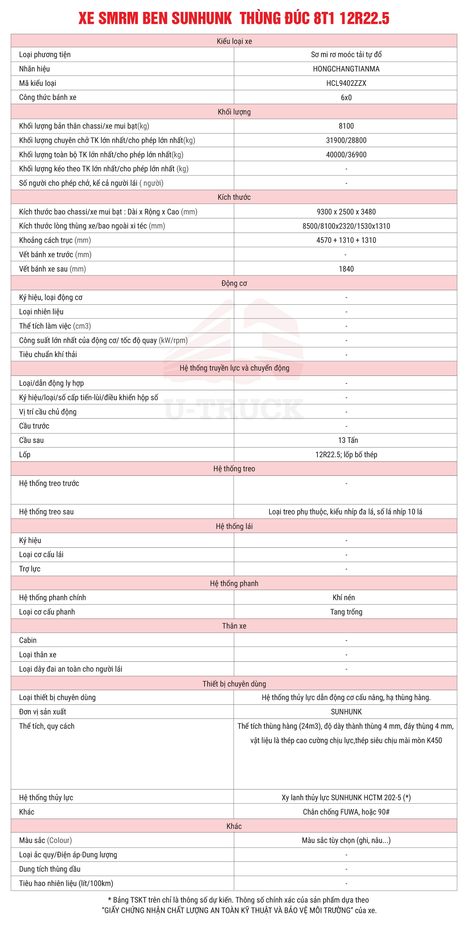 TSKT Xe SMRM BEN SUNHUNK Thùng Đúc 8T1 12R22.5
