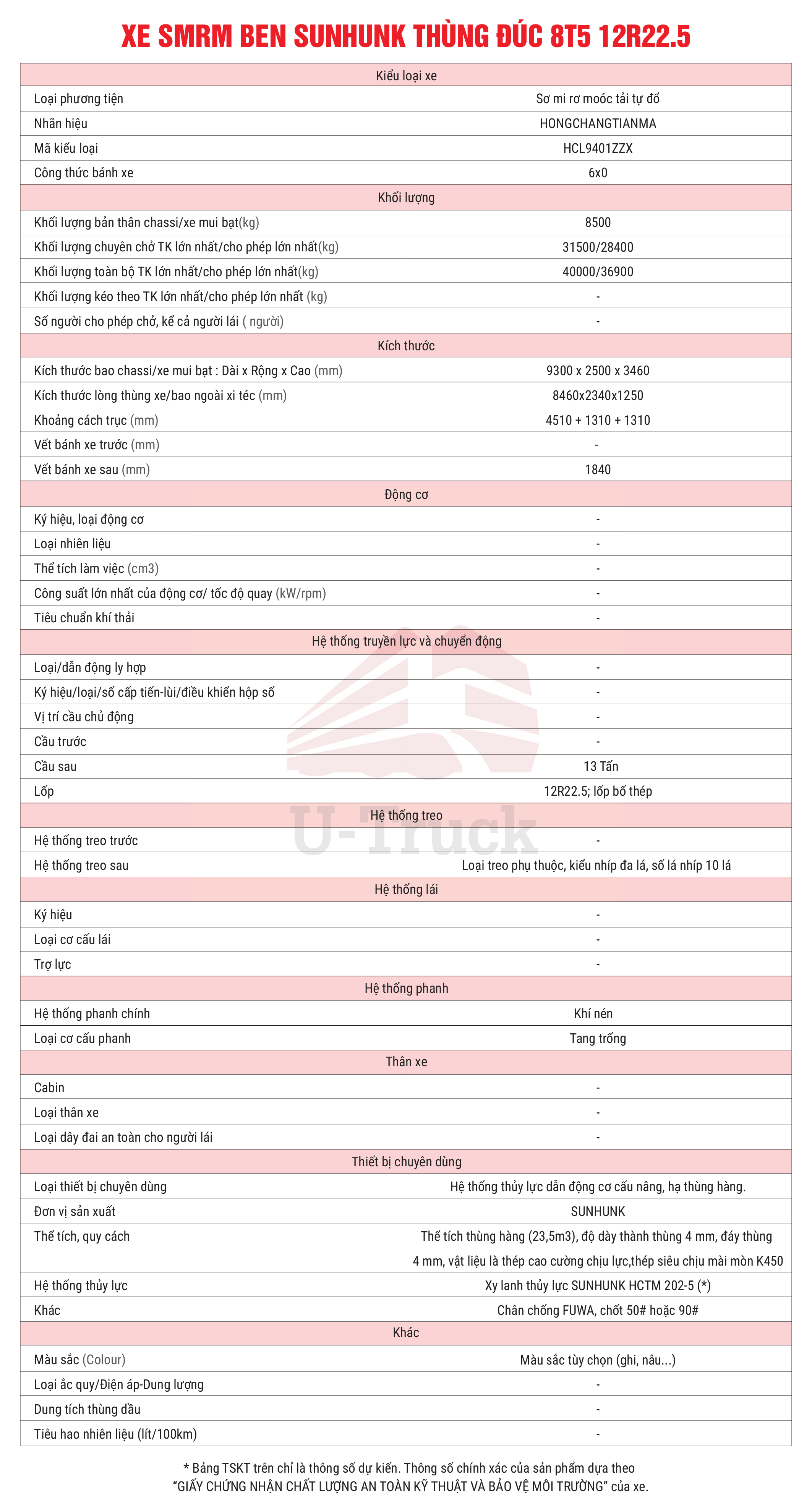 Thông số kĩ thuật Xe SMRM BEN SUNHUNK thùng đúc 8T5