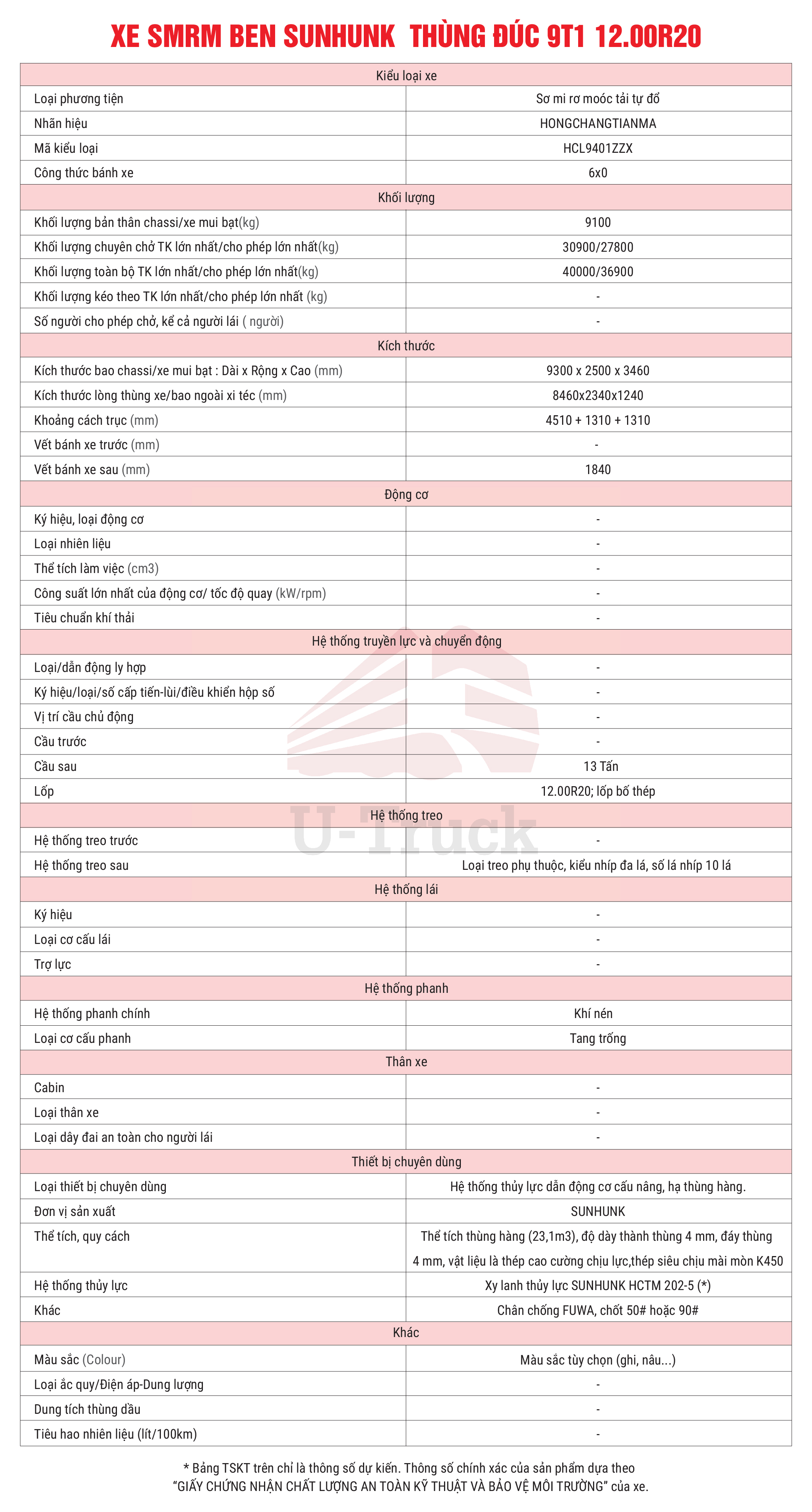 Thông số kĩ thuật Xe SMRM BEN SUNHUNK thùng đúc 9T1