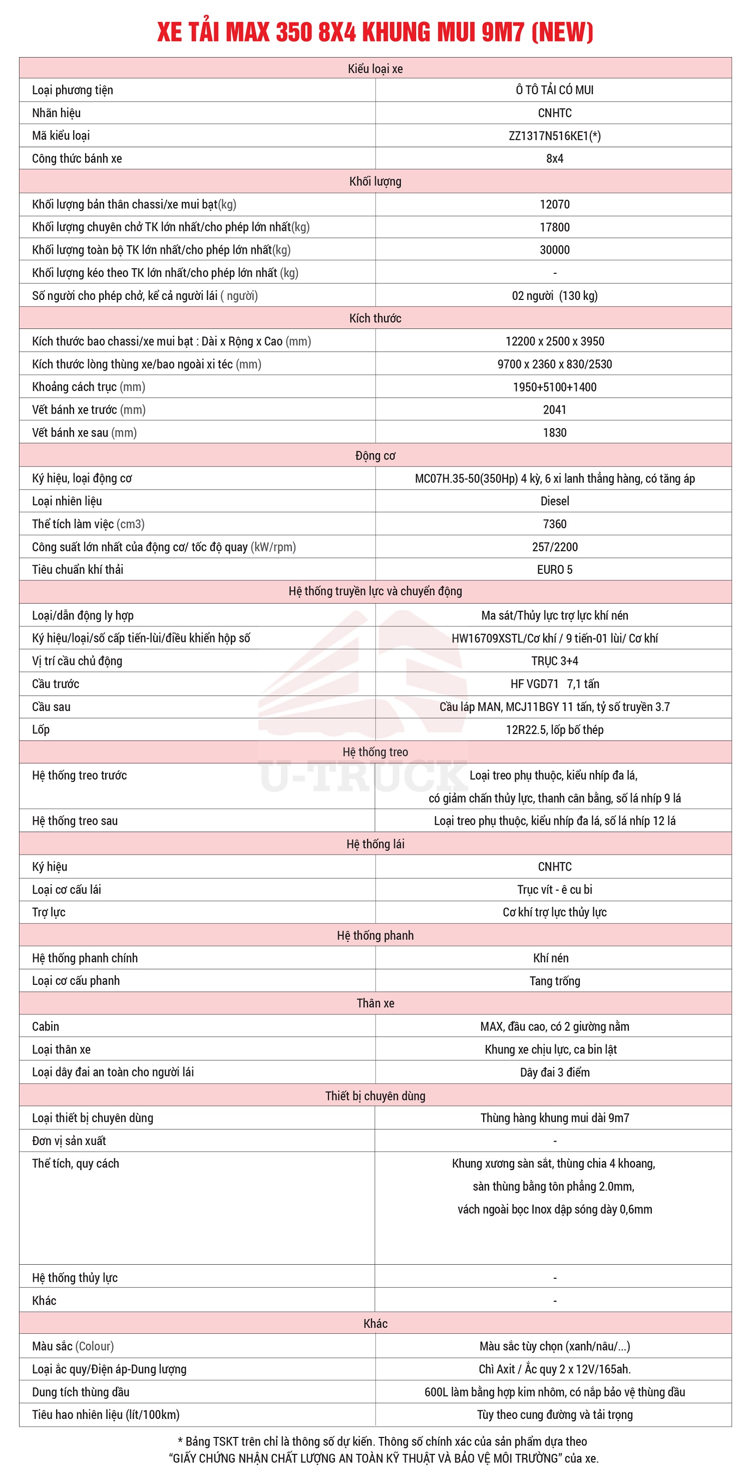 TSKT xe tải howo max 350 8x4 khung mui 9m7