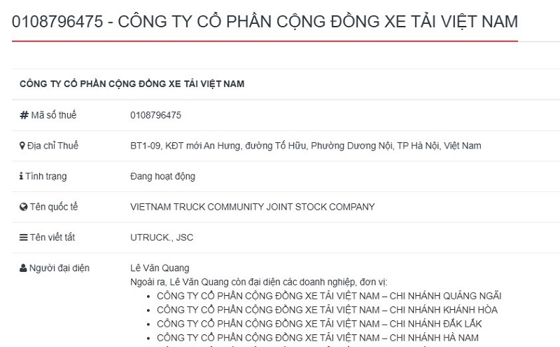 Thông tin đăng ký kinh doanh của U-TRUCK
