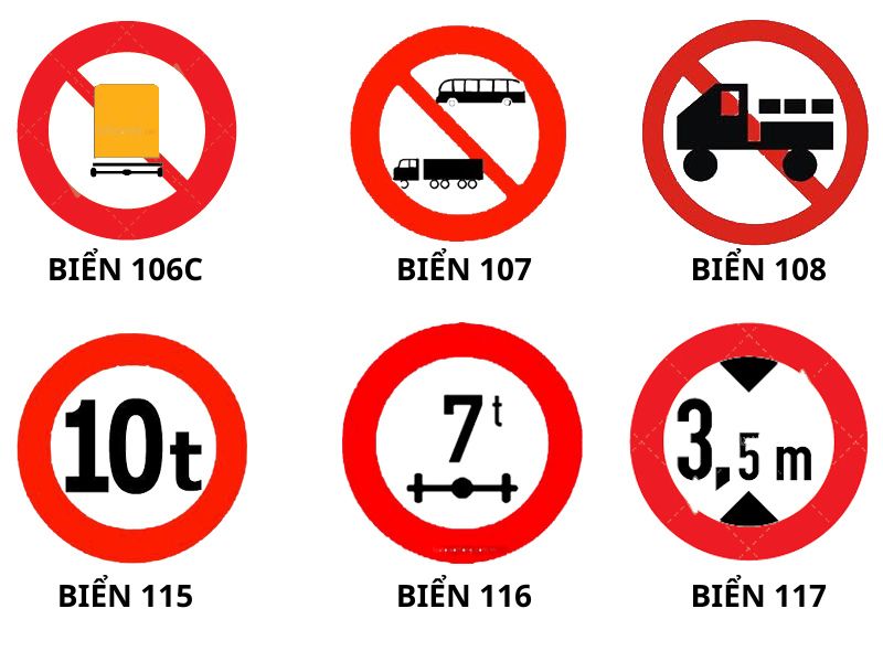 Biển báo cấm 106c, 107, 108, 115, 116, 117