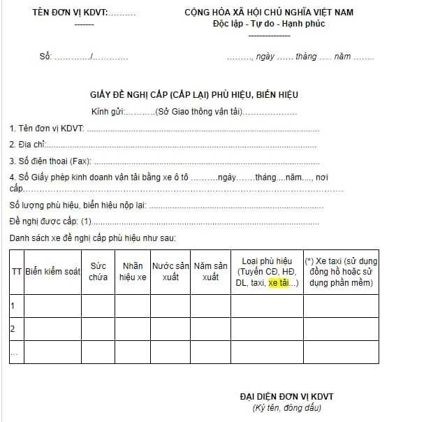 Đơn xin cấp phù hiệu xe tải