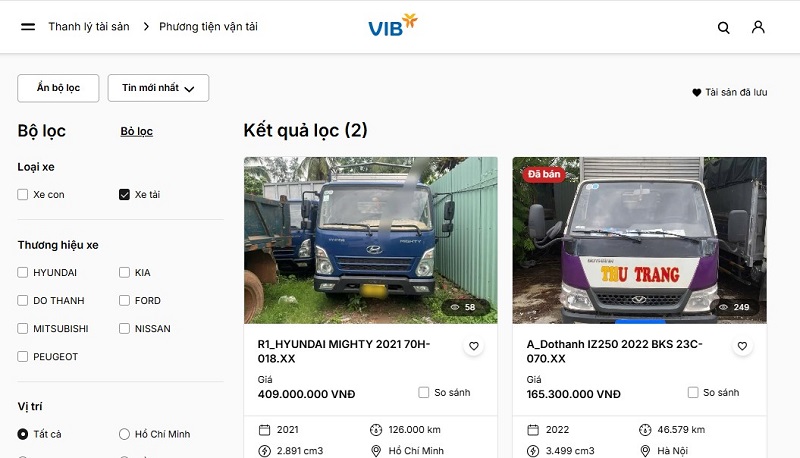 Mua xe tải thanh lý trực tiếp trên website của ngân hàng